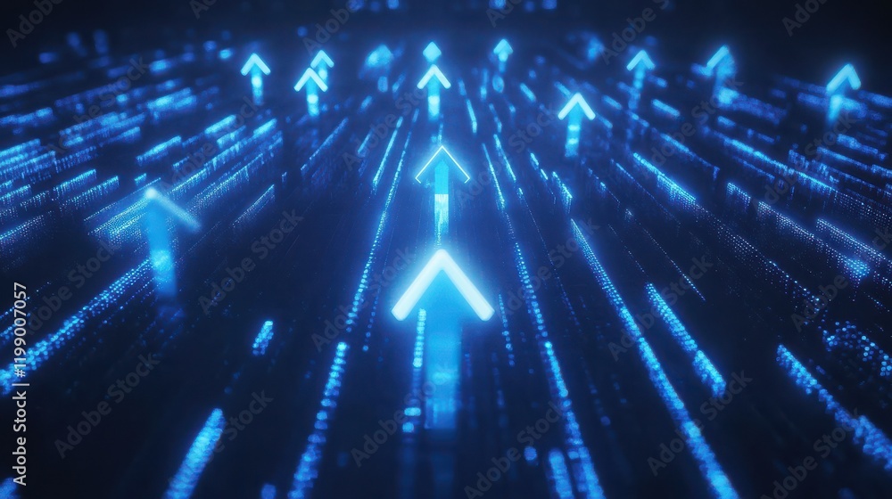 Poster a blue background with glowing arrows pointing upwards, representing growth and progress in the digi