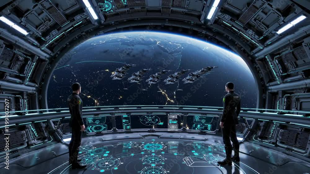 Poster exploring the wonders of space as two astronauts observe earth from a futuristic spacecraft bridge
