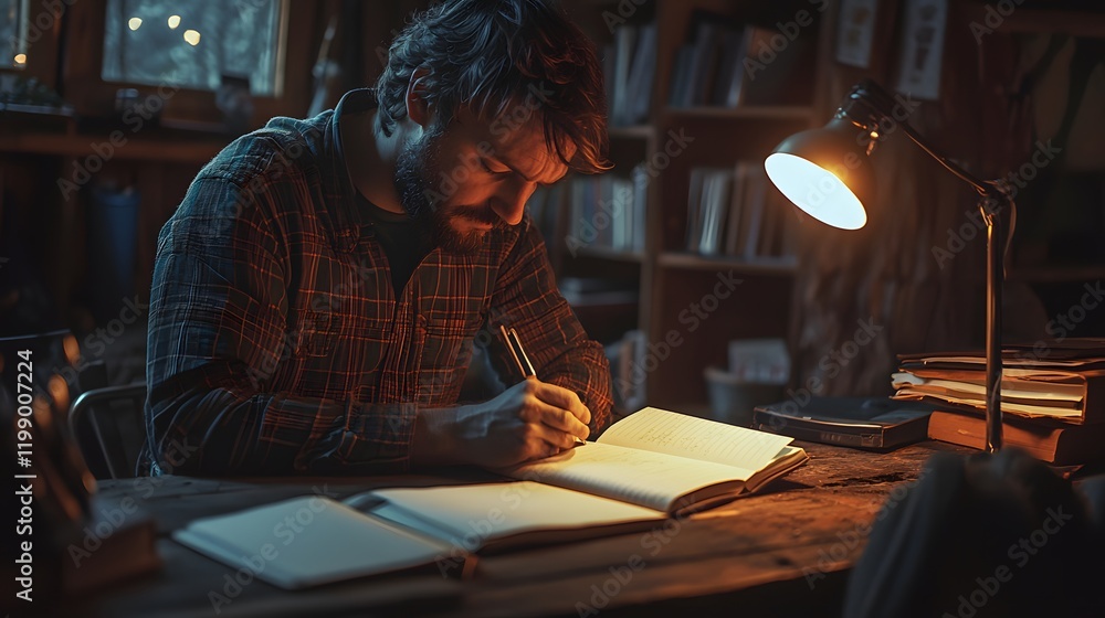 Poster a man writing in a journal at a rustic wooden desk, warm light from a nearby lamp creating a peacefu