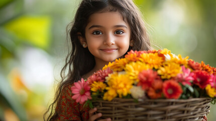 Fototapeta premium Girl holds a basket of flowers during Onam festival celebration in a garden setting