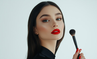 Stylish woman with red lips and sleek hair holding a makeup brush against a white background