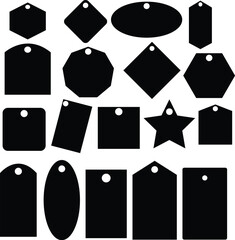 A variety of blank black paper labels and cloth tags isolated on a white background, ideal for price tag mockups with space for branding and information