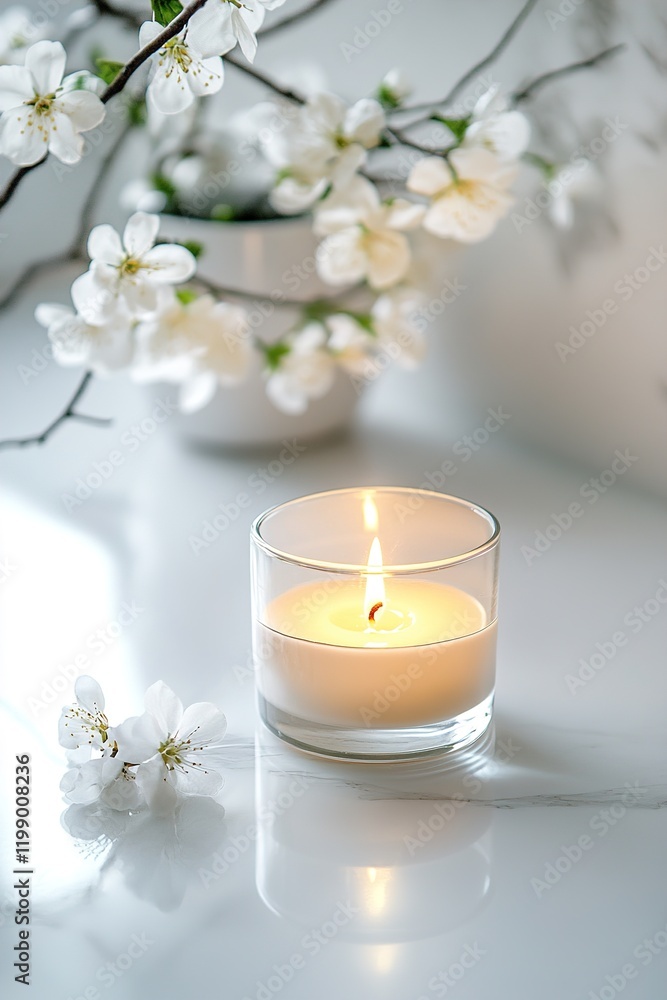 Poster a calming and elegant display featuring a lit candle surrounded by delicate flowers on a pristine ma