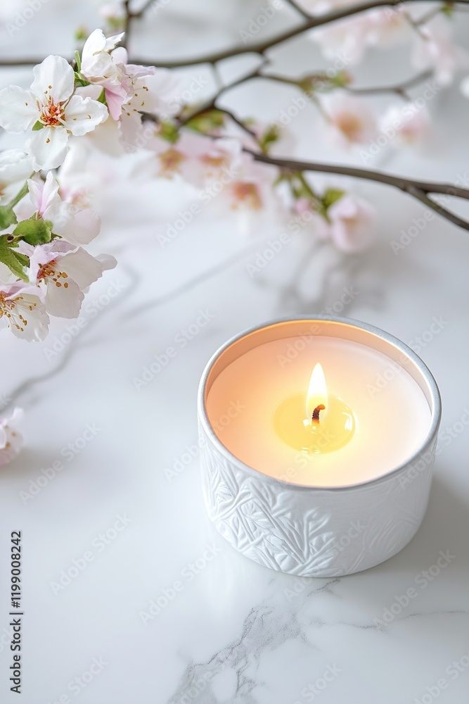 Poster a serene backdrop for mother's day featuring a lit candle surrounded by blooming flowers on a polish