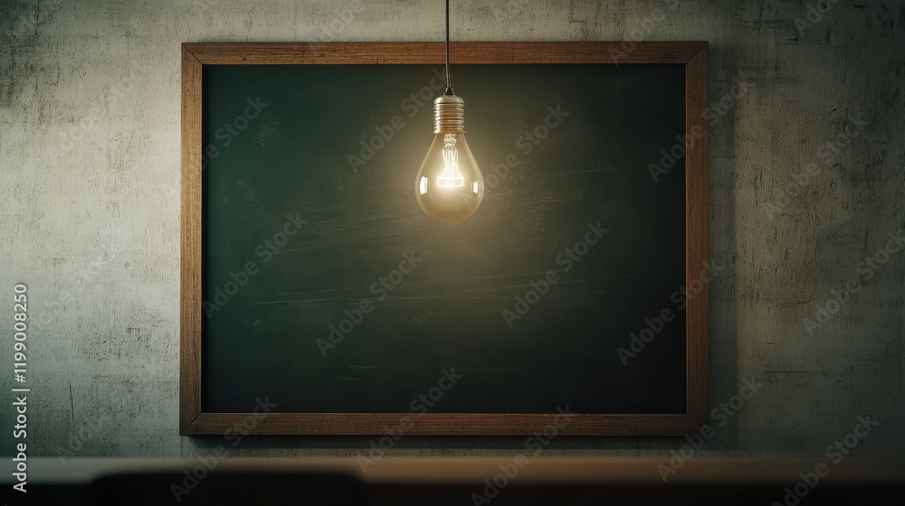 Poster conceptual image showing a light bulb above a blackboard.