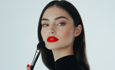 Stylish woman with red lips and sleek hair holding a makeup brush against a white background