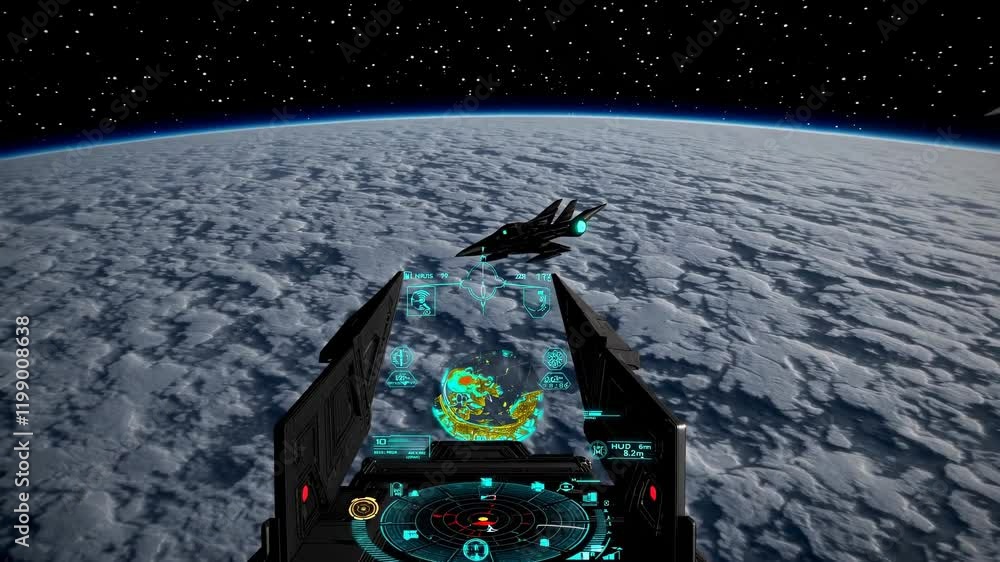Poster spacecraft navigates through the atmospheric clouds of a distant planet while monitoring data on adv
