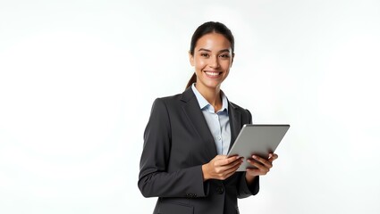 Smiling businesswoman in a formal suit holding a document folder, posing on a white background.