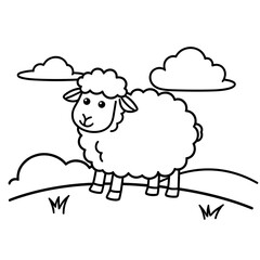 Obraz premium Easy and bold coloring page of a sheep on grassy hill with clouds