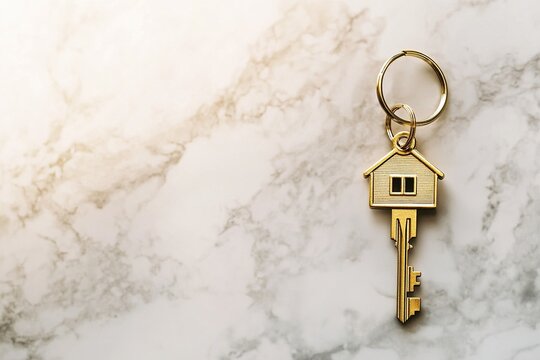 A gold key with a house icon keychain rests on a polished white marble surface, reflecting soft light. The scene is ideal for luxury real estate investment presentations and marketing - Powered by Adobe