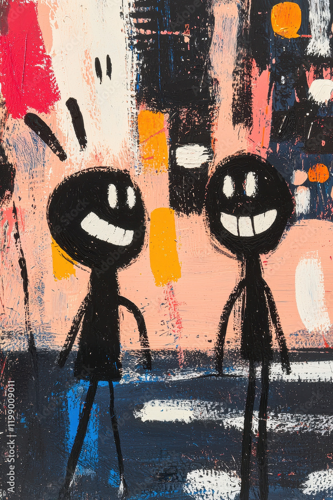 Poster vibrant abstract composition featuring energetic stick figures expressing joyful interaction with dy