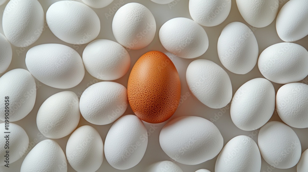 Poster nestled comfortably among an array of gleaming white eggs, one distinctive brown egg captures attent