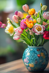 bouquet of tulips in a colored vase against a background of sunlight