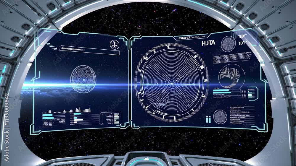 Poster Exploring futuristic technology in a spacecraft cockpit with advanced displays