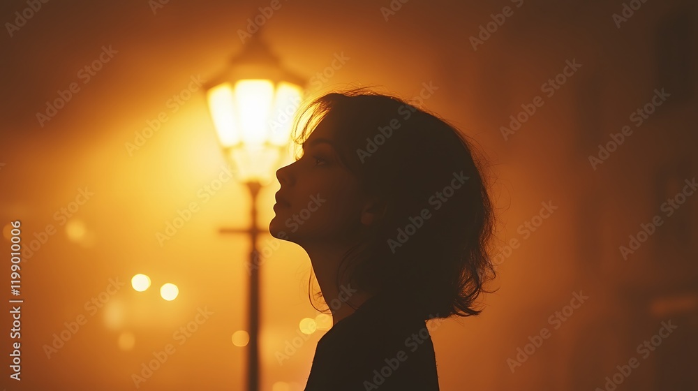 Poster A woman standing under a streetlamp on a foggy night, the soft glow of the light creating an ethereal atmosphere