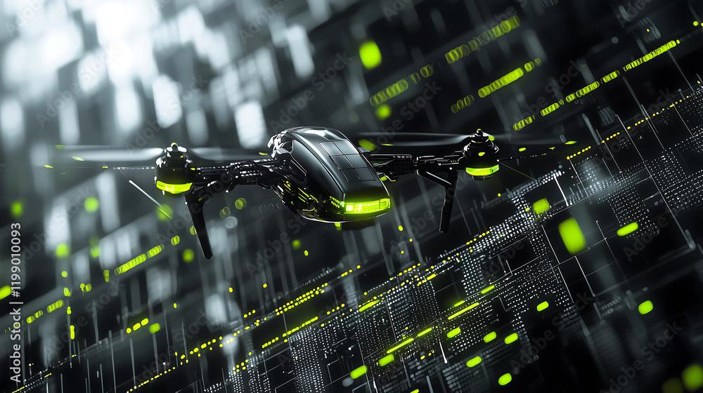 Poster futuristic ai-powered drone in black and green featuring advanced technology minimalistic design wit