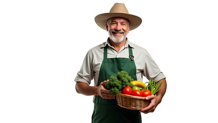 Male farmer holding a basket of vegetables in an apron