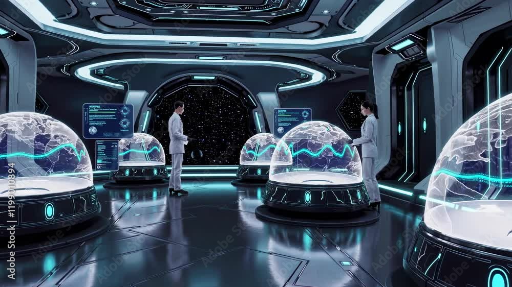 Poster lab environment showcases advanced technology with scientists analyzing data in futuristic setting