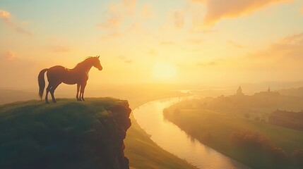 Majestic horse sunset clifftop river valley sunrise landscape