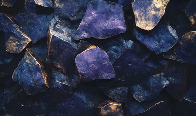  Abstract texture of dark blue and purple stones with warm golden highlights. Generative AI