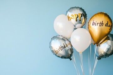 "happy birthday" lettering with metallic balloons in gold and silver floating against a soft light blue backdrop