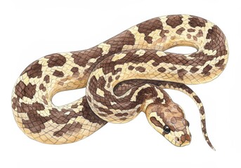 Fototapeta premium Realistic drawing of a coiled brown and white snake on a white background