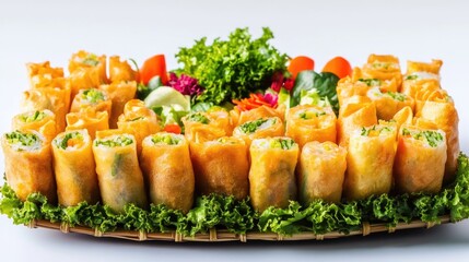 Fresh vegetable spring rolls with crunchy lettuce and carrots on a plate