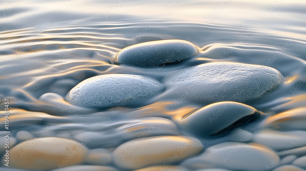 Poster soft flowing water ripples over smooth stones, illuminated by gentle pastel light, abstract reflecti
