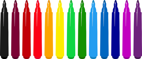 Set of markers with basic colors for drawing and coloring. Sale and advertising of markers and drawing with them. Felt-tip pen for drawing courses. Set of markers for children.