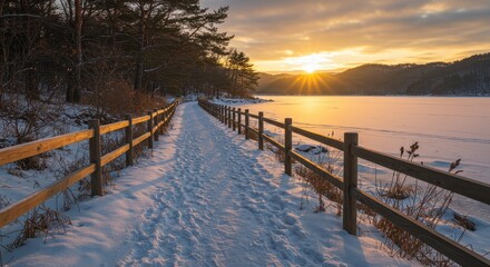 Naklejka premium Winter sunrise over snowy path with scenic lake view