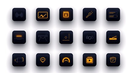 Collection of sleek, modern icons representing fitness, health, and analytics on a dark background