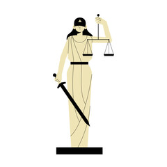 Lady Justice Statue With Sword And Scales In Flat Vector Illustration Symbolizing Law, Justice, And Balance, Isolated On White Background