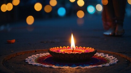 Happy Diwali! Light a diya lamp at night on the street. Happy Diwali festival with oil light, greeting card for the Diwali celebration, Diwali holiday background with rangoli. 3D