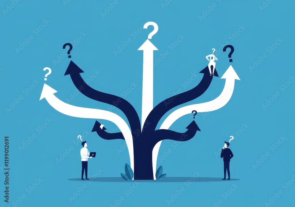 Poster decision tree concept with arrows and question marks on blue background