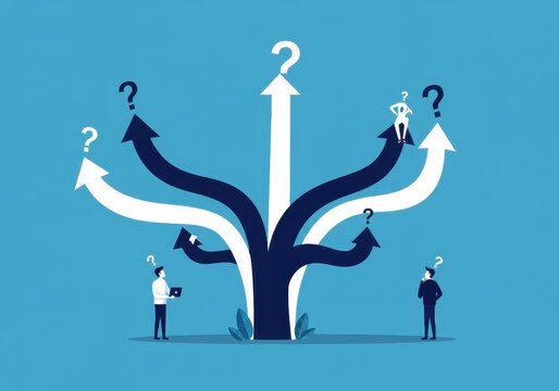 Decision tree concept with arrows and question marks on blue background