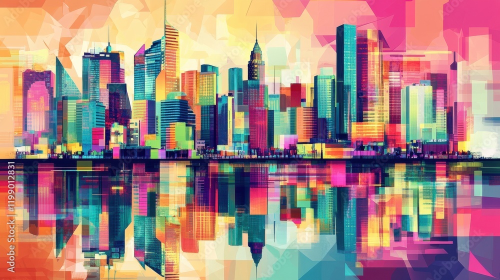 Poster colorful geometric cityscape design with pixelated patterns and digital shapes, representing a vibra