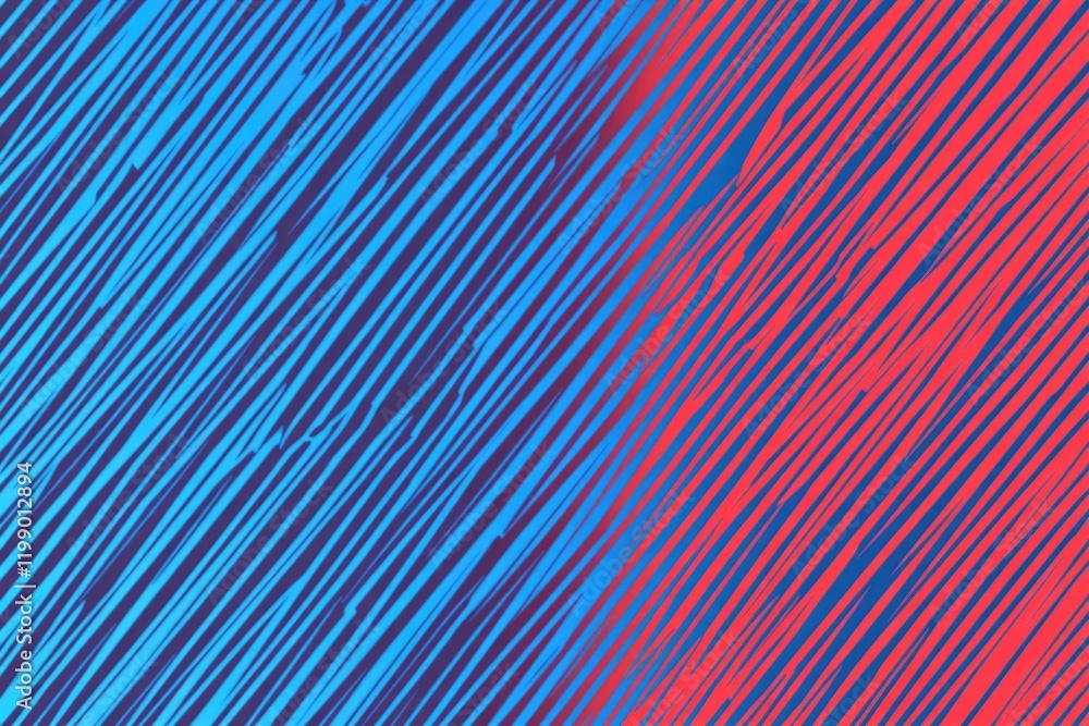 Poster a vibrant red and blue design with diagonal lines on a rectangular background