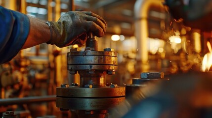 Close-up of skilled worker adjusting metal valve in industrial workshop with warm lighting and focus on precision engineering tasks.