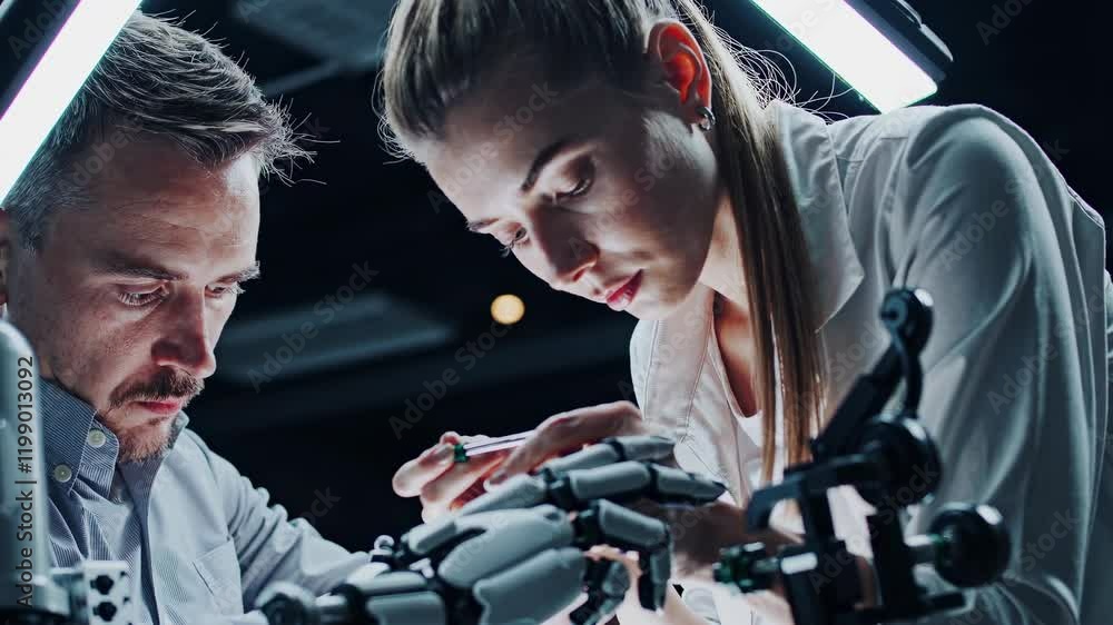 Aufkleber Engineers work on advanced robotic hand in modern laboratory setting