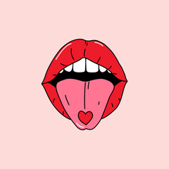 Hand drawn simple sticker illustration of woman's red lips with tongue. Open female mouth with tongue hanging out holding a icon heart. Pill lying in the mouth. Cartoon doodle Valentine's day design