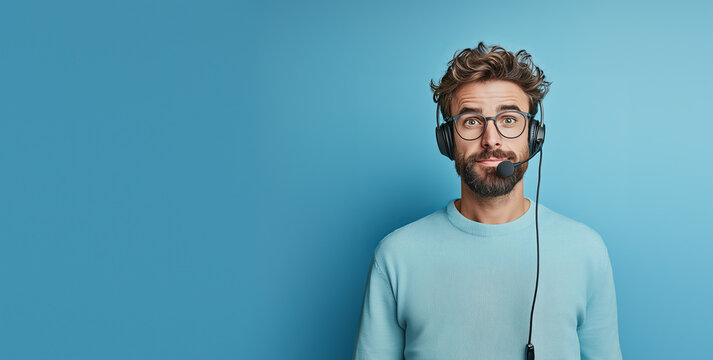 Customer support representative wearing business casual attire engages with clients in a modern office setting with a vibrant blue background