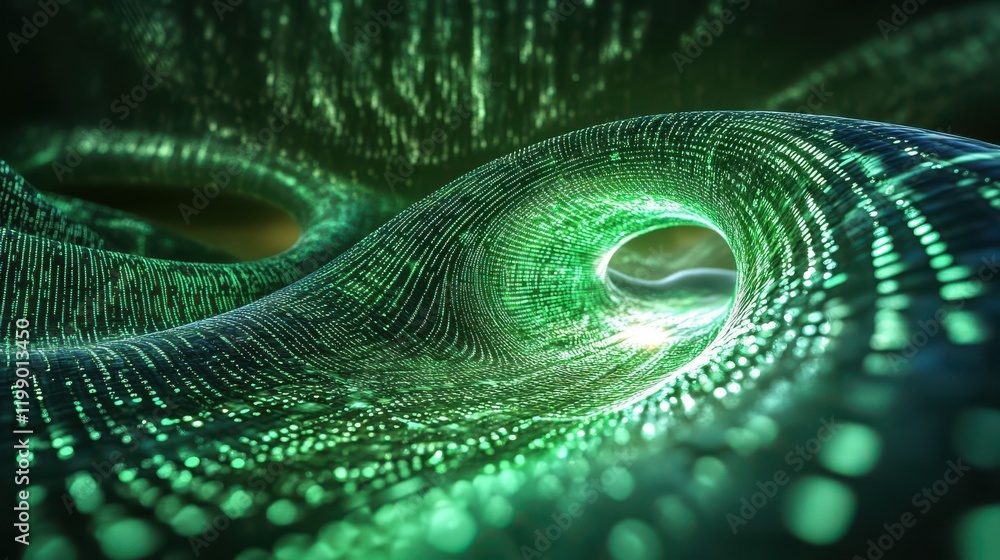 Poster digital matrix background with green binary code cascading in a futuristic virtual landscape effect