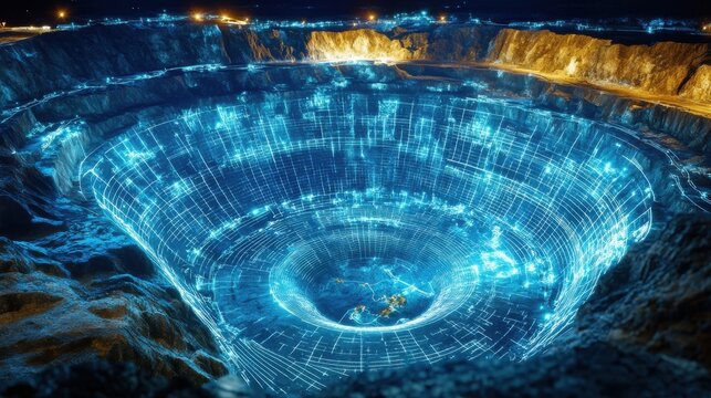 Futuristic 3D holographic visualization of resource and geophysical data analysis for advanced geological surveying mining and energy discovery