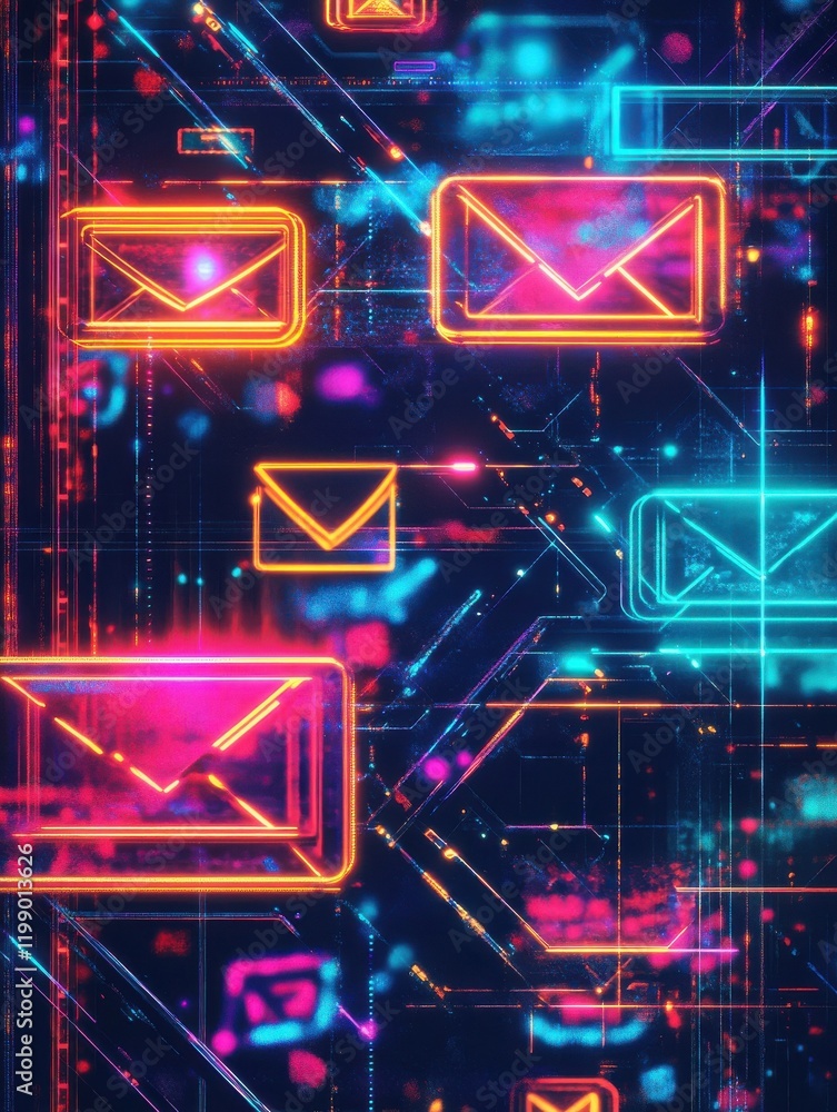 Poster abstract digital artwork presenting email marketing symbols growth metrics and animated data flows h