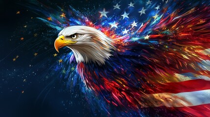 American flag colors eagle, stars and stripes, patriotic scene, vibrant colors, American spirit burst, glowing feathers