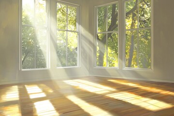 Fototapeta premium An empty room with large windows, a wooden floor, and soft sunlight streaming in. The room is a bright, white color. In the background, there are trees visible outside one of the windows. 