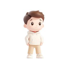Fototapeta premium Cute cartoon character boy in hoodie and beige pants, smiling happily