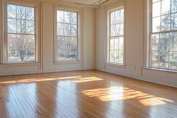 Fototapeta premium An empty room with large windows, a wooden floor, and soft sunlight streaming in. The room is a bright, white color. In the background, there are trees visible outside one of the windows. 