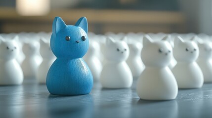 a leader or manager in teamwork and human resources concept, A blue wooden toy figure stands out among the white ones on the table