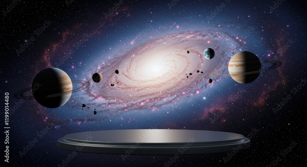 Poster futuristic cosmic display with planets and galaxy backdrop